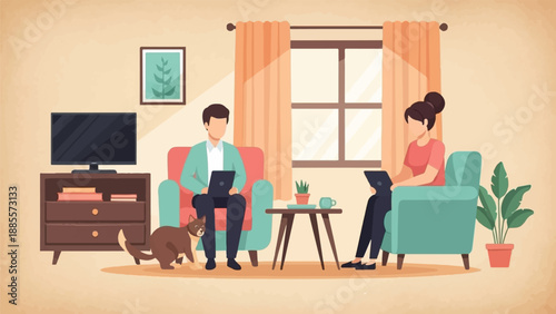 Couple working on laptops in living room with cat and plants