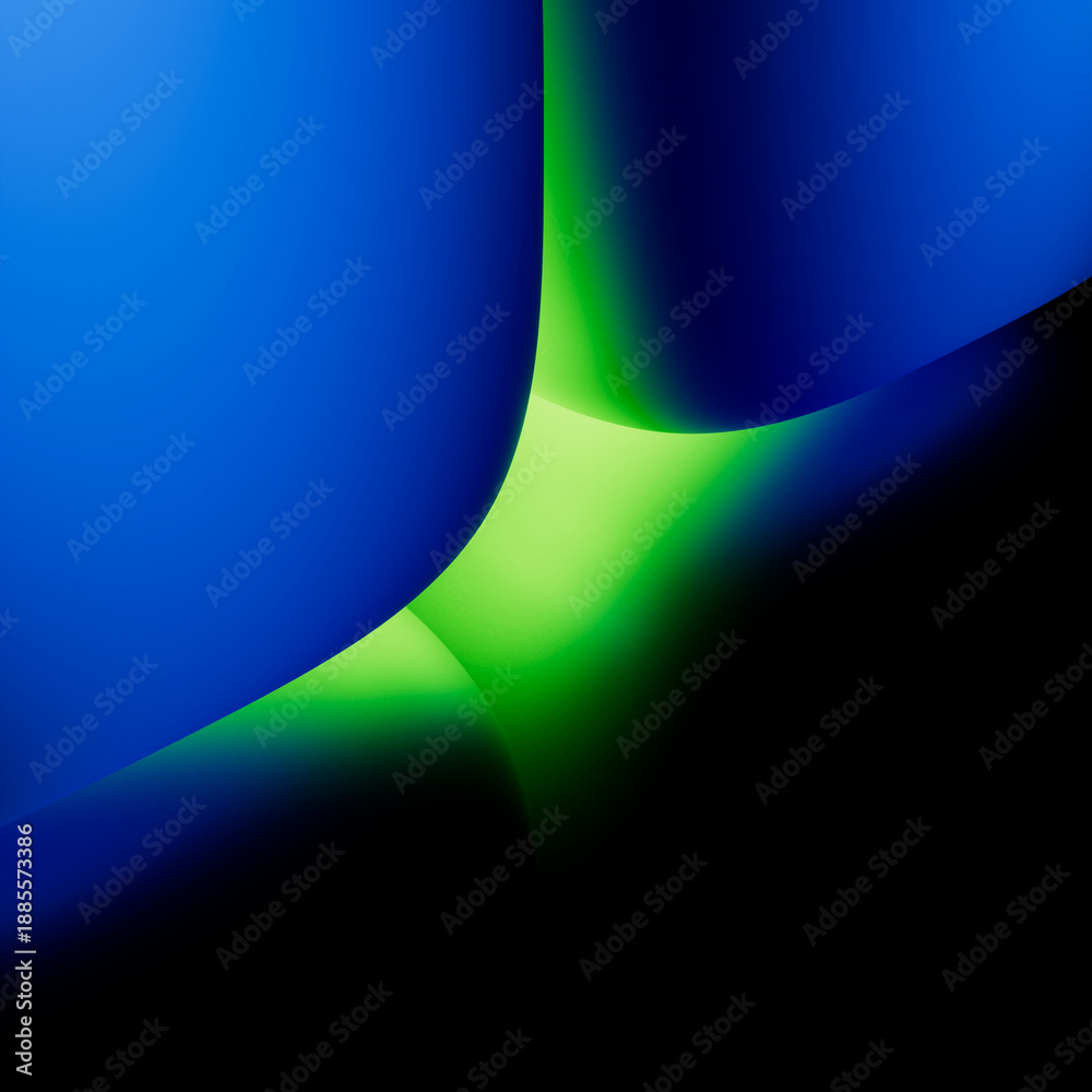Fototapeta premium Abstract blue background with green neon light glowing from the slot, simple geometric wallpaper. Minimalist 3d illustration