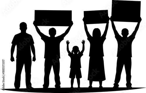 Family protest silhouette with parents and children holding blank signs unity rights activism demonstration social movement black vector illustration isolated white background concept design