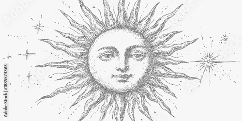 Vintage sun drawing with textured rays, grainy outline, stippled details, aged paper tone, halftone specks and rough engraving style on faded surface.
