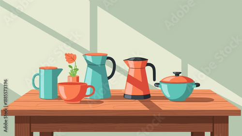 Colorful kitchenware and a single bloom adorn a wooden table