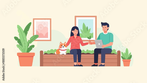 Couple and dog sitting on a bench with plants and art indoors