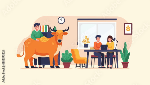 Couple working on laptops while a person places gold on a cow