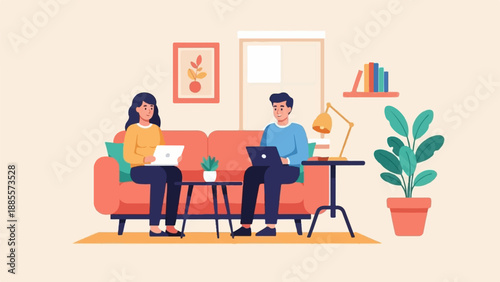 Couple working on laptops on sofa in a modern living room