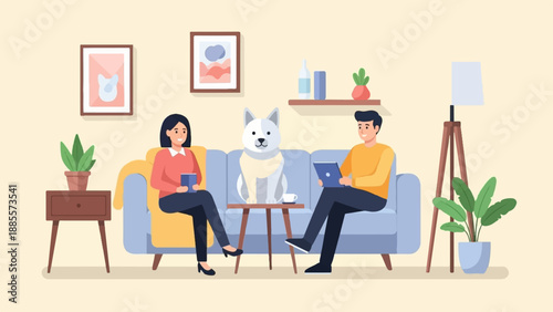 Couple and dog relaxing on couch with drinks and tablet