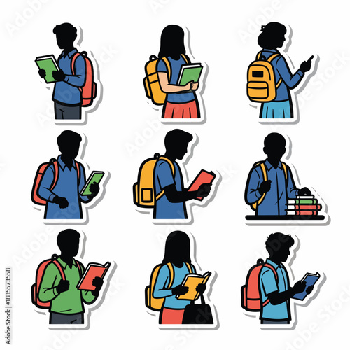 A set of nine cartoon-style illustrations of students