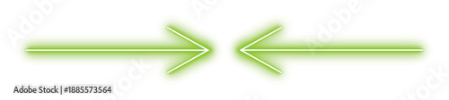 Green neon arrows pointing towards center on white background with transparent edges for directional design
