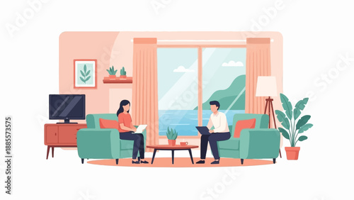Couple in living room by the sea with laptops and a television