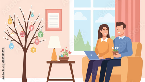 Couple decorates Easter tree, uses laptop, and enjoys indoor spring