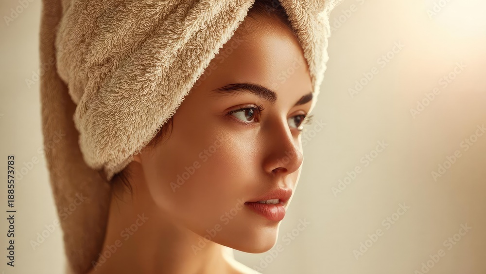 Fototapeta premium Young woman with a fluffy towel wrapped around her head, gazing to the side. Concept Self-care portrait, Towel-wrapped head, Side gaze, Soft natural lighting, Calm mood