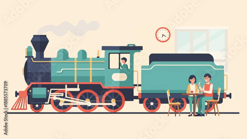 Couple dines at a table beside a steam train with a conductor in the cabin