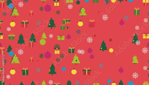 Festive red seamless pattern of Christmas trees gift boxes baubles and snowflakes Holiday concept