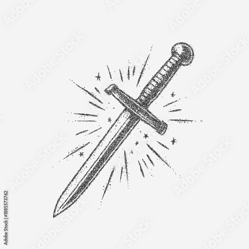 Tattoo style dagger with grainy texture, stippled dust, faded scratches and faint stains across rough vintage paper surface with aged imperfections and grit.