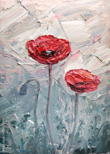 Red wildflowers painted in the impasto technique