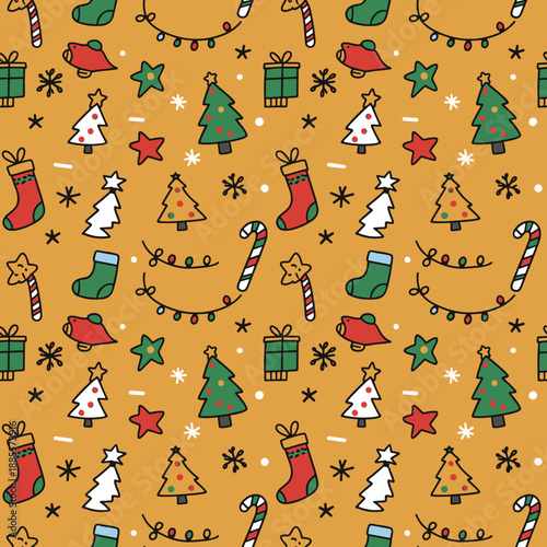 Hand drawn Christmas seamless pattern with trees gifts stockings and candy canes on a yellow background