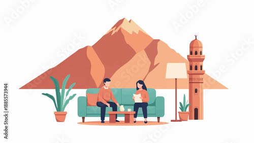 Couple relaxing indoors with mountain and tower in background