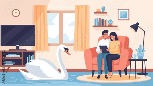 Couple relaxes indoors while a swan swims serenely nearby