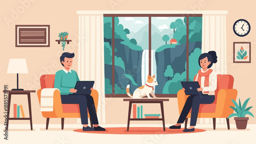Couple working on laptops with dog and waterfall view