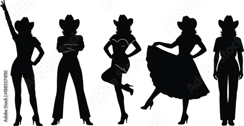 Set of cowgirl silhouettes in various poses wearing western hats and boots isolated on white background.