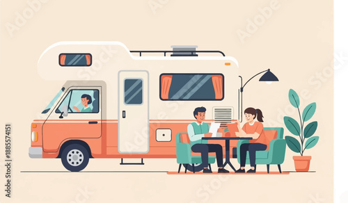 Couple relaxes at table near RV with driver inside
