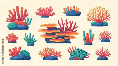 Colorful coral reef formations with diverse shapes and textures on light background