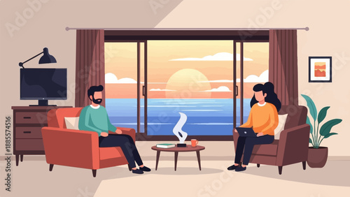 Couple relaxing indoors with a sunset ocean view
