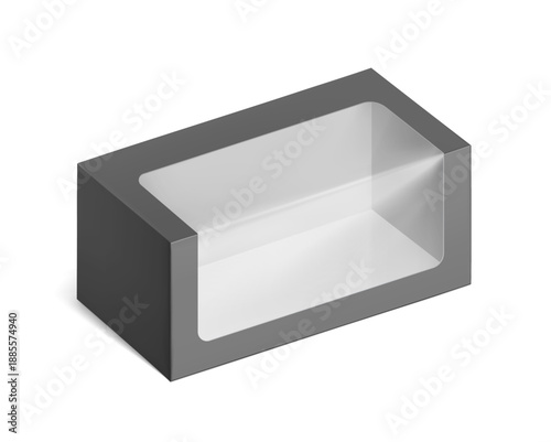Universal black mockup of blank cardboard box with transparent window. Vector illustration isolated on white background, ready and simple to use for your design. EPS10.