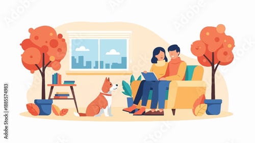 Couple with dog relaxing indoors surrounded by autumnal trees