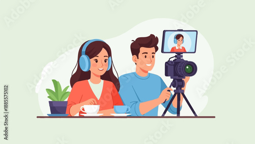 Couple recording video content together with camera and headphones