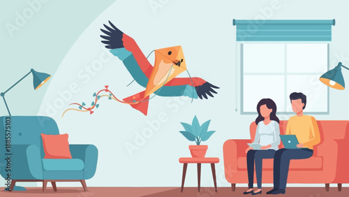 Couple relaxing indoors with a kite flying in the sky