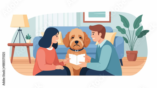 Couple reads to sad dog in cozy living room