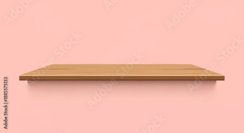 A wooden shelf is mounted on a pink background with empty space.