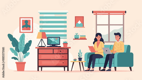 Couple working together in a cozy, plant-filled living room