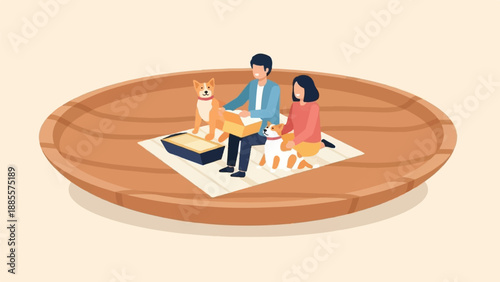 Couple with dogs and litter box on a wooden tray