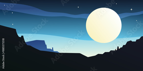 A serene night landscape featuring a large bright moon over mountains
