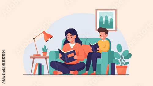 Couple relaxing indoors reading books on a couch and floor