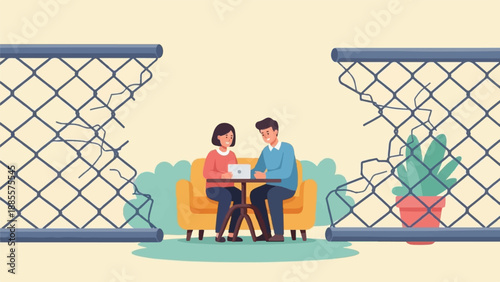 Couple on couch using laptop behind a broken fence with plant