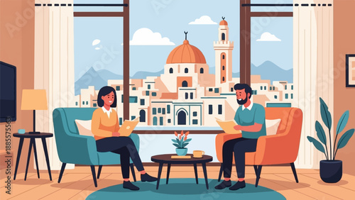 Couple reading in chairs by the window with city view