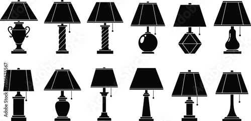 Black silhouette illustration of twelve unique table lamps with varied bases, lampshades, and pull chain switches arranged in rows.