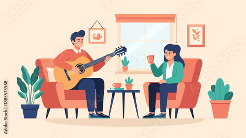 Couple relaxing indoors, one plays guitar, the other sips a beverage