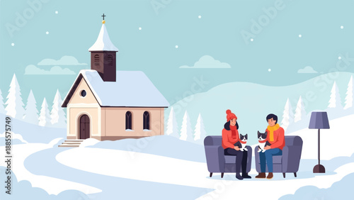 Couple with pets in cozy living room overlooking snowy church and winter landscape