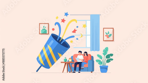 Couple reading by window with party popper exploding