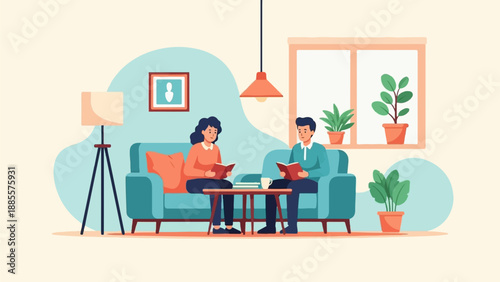 Couple reading books on sofa in cozy living room with plants