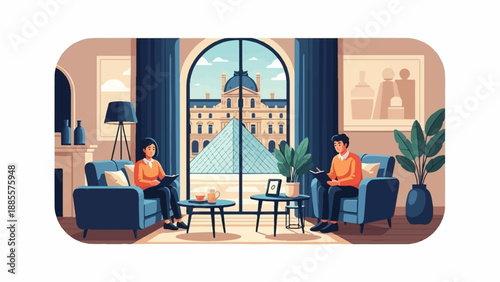 Couple reading books inside a room with a view of the Louvre Pyramid