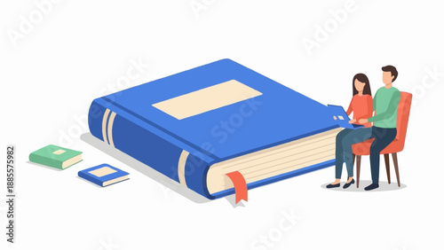 Couple reading a large book, with smaller books nearby