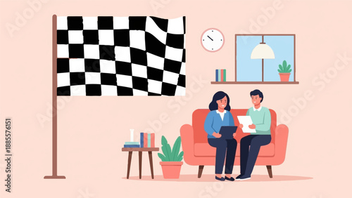 Couple planning, with a checkered flag symbolizing goals achieved