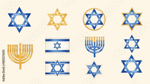 Collection of Jewish symbols including Stars of David and menorahs in watercolor style