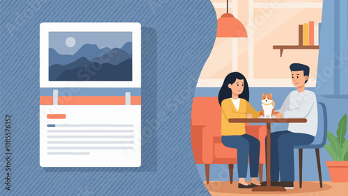 Couple and dog at table in cafe, with abstract digital display nearby