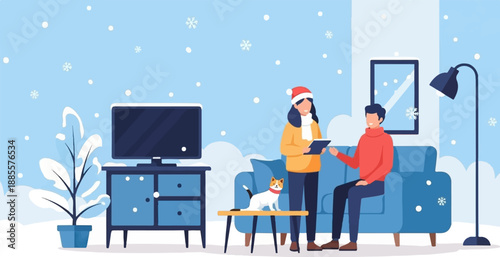 Couple and cat indoors watching snow fall during winter