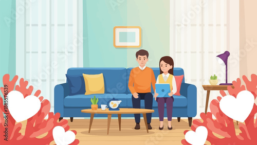 Couple on sofa using tablet, surrounded by heart shapes and plants